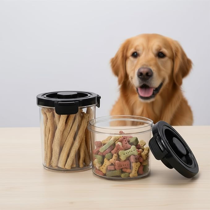 Dog Treat Container, Dog Food Storage with 2 Jars, Airtight Pet Treat Storage With Lids,Small Pet Food Container, Puppy Treats Bin for Kitchen Counter,Freshness Seal-Clear, Rotundity