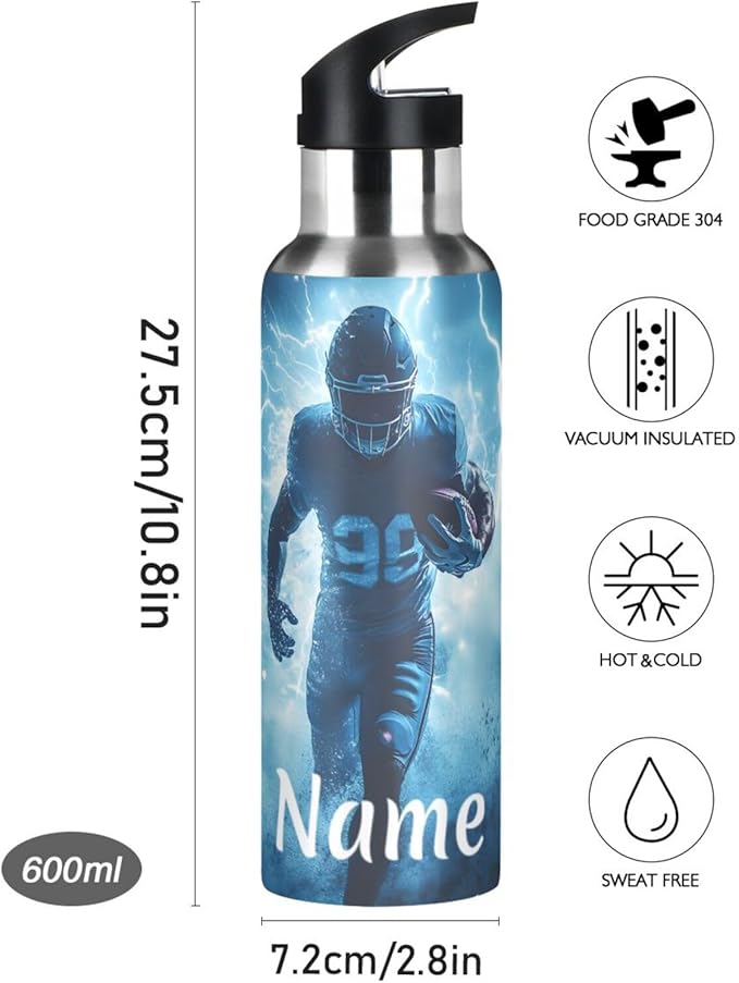 Custom Name American Football Player Lightning Water Bottle with Straw Lid Kids Insulated Stainless Steel Water Flask Sports, 20 Oz Hot Cold