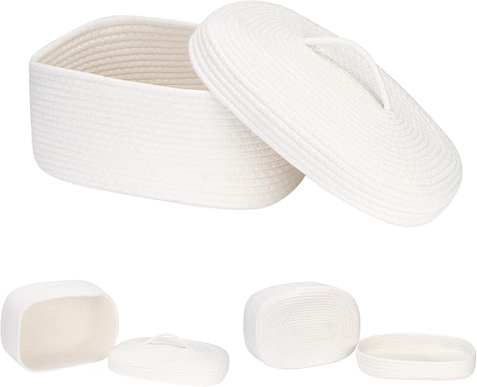 Sea Team Oval Storage Basket, Woven Cotton Rope Basket with Lid, White | Decorative Knitted Storage Bin, Multi-Purpose Lidded Organizer for Closet Shelves, Nursery and Household Storage