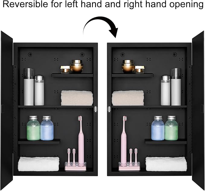 Black 16 x 26 Recessed Metal Medicine Cabinet With Mirror for Bathroom Wall | Black Bathroom Medicine Cabinet with Adjustable Staggered Shelves, Piano Hinge, Left/Right Swing & Matte Powder-Coated Finish