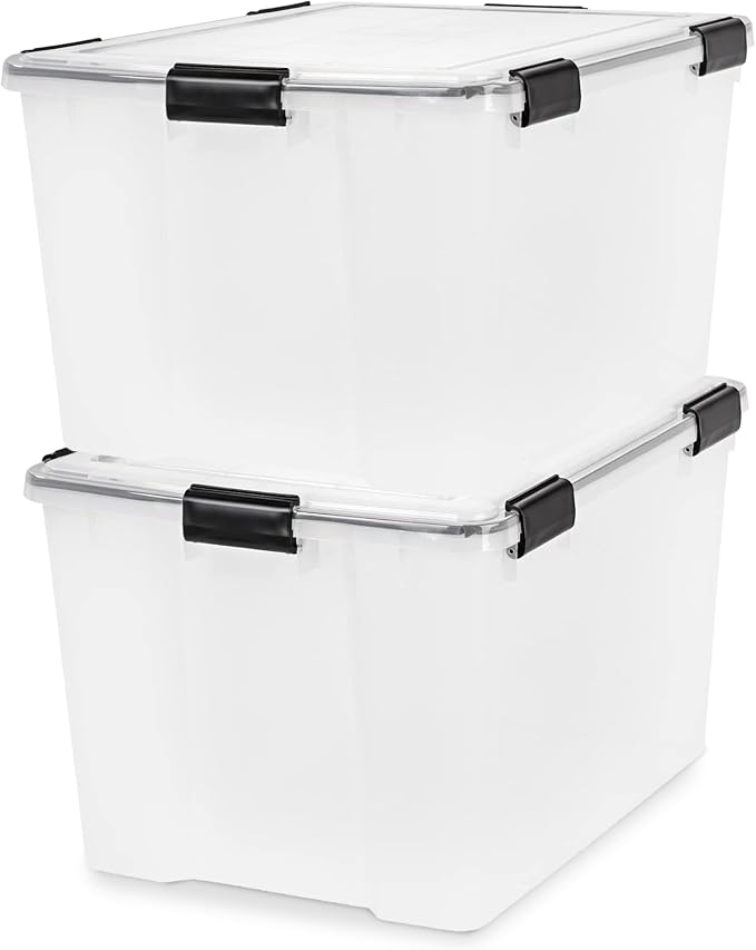 IRIS USA WeatherPro 74 Qt Storage Bins with Lids, 4 Pack, BPA-Free Plastic Gasket Box with Tight Latch and Seal, Stackable Nestable Tote Tub - Clear/Black