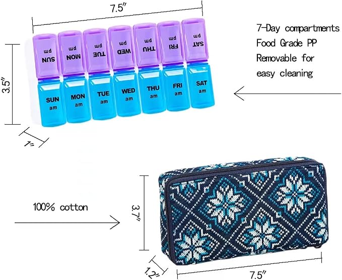Weekly Pill Organizer 2 Times a Day, Zumd Pill Box 7 Day with Cute Quilted Fabric Zipper Case, Travel Pill Case Am Pm for Vitamin Medicine Organizer