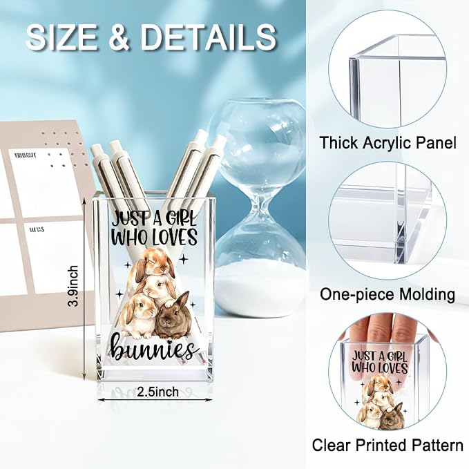 Just A Girl Who Loves Bunnies Acrylic Pencil Holder Cup for Women | Inspirational Gifts for Friends, Funny Bunnies Pen Holder for Girls Bunny Lover, Pencil Cup for Desk, Makeup Organizer