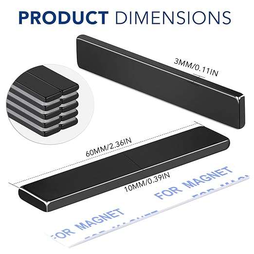 Strong Neodymium Magnets with Adhesive Backing, 25 Pack, 60x10x3 mm | Powerful Rare Earth Bar Magnets, Waterproof Black Magnetic Magnet Strips Heavy Duty for Craft, Kitchen, DIY, Office