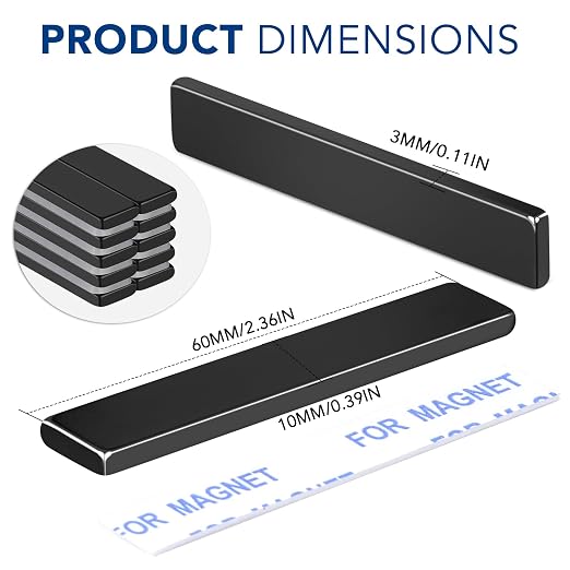 Strong Neodymium Magnets with Adhesive Backing, 50 Pack, 60x10x3 mm | Powerful Rare Earth Bar Magnets, Waterproof Black Magnetic Magnet Strips Heavy Duty for Craft, Kitchen, DIY, Office