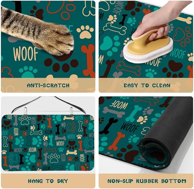 Dog Food Mats for Floors Waterproof, Pet Water Bowl Mats Pet Feeding Absorbent Placemats Green 16 * 24 inch