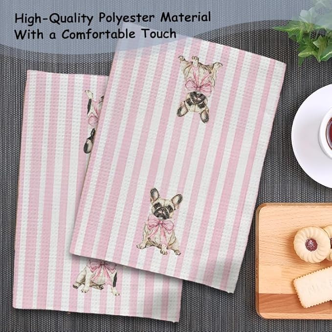 Pink Bow French Dog Kitchen Towels, French Bulldog Gifts Dish Tea Towels for Kitchen Decor, Preppy Girly Frenchie Dog Decorative Hand Towel Bathroom Decor, 16x24 Inch Set of 2