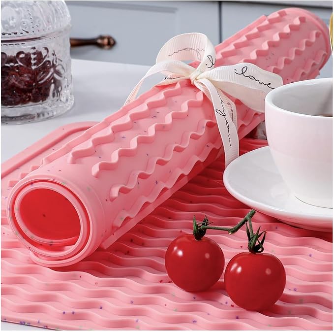 CAKETIME 2 Pack Multicolor Silicone Dish Drying Mat for Kitchen Counter Cooking Baking Liners Drawer Espresso Machine Station Utensil Holder Washer Trivets Oven Chef Gifts Extra Large 18"x16" Pink