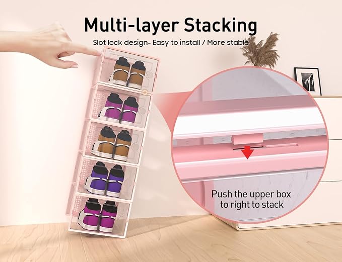 Kuject X-Large Shoe Storage Boxes 12 Pack, Clear Stackable Shoe Organizer | Shoe Case for Closet, Entryway & Under-Bed Storage, Drop-Front Design, Space-Saving Solution for Family Organization,Pink
