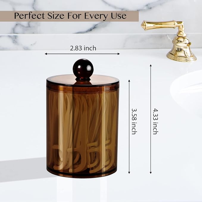 SheeChung 4-Pack Qtip Holder, Amber Acrylic Apothecary Jars for Bathroom | (2) 10oz & (2) 12oz Qtip Holder Set - Bathroom Vanity Organizer for Cotton Swabs,Balls,Pads - Modern Farmhouse Decor