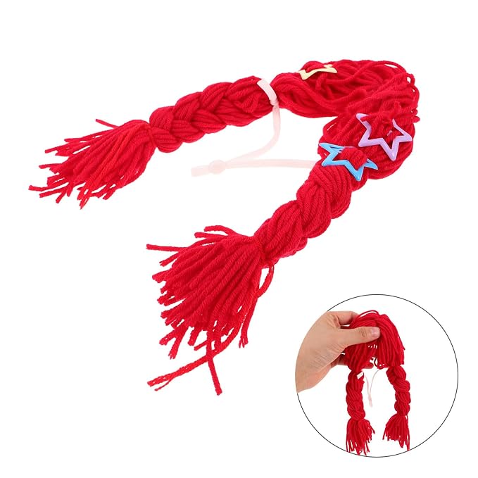 Funny Cat Braids Wig with Red Yarn and Bows, Comfortable Fit and Washable Pet Costume Accessory for Holiday Celebrations and Cat Selfie Props
