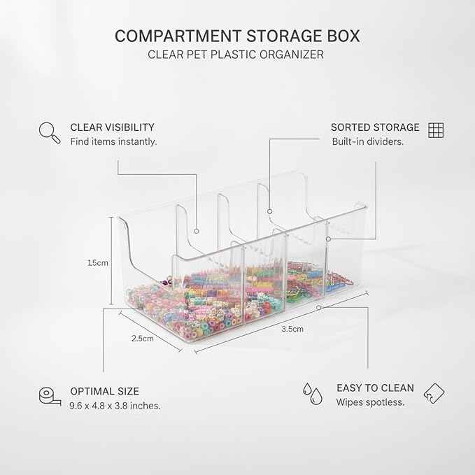 Compartment Storage Box with Dividers, Clear PET Plastic Organizer for Desk Supplies and Small Parts, 9.6 x 4.8 x 3.8 Inches (1 PC)