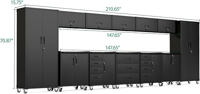 12-Piece Heavy Duty Steel Garage Cabinet System | All-in-One Modular Garage Cabinet Set for Ultimate Workshop Organization | Easy Assembly Garage Storage Cabinets & Tool Bench (Black)