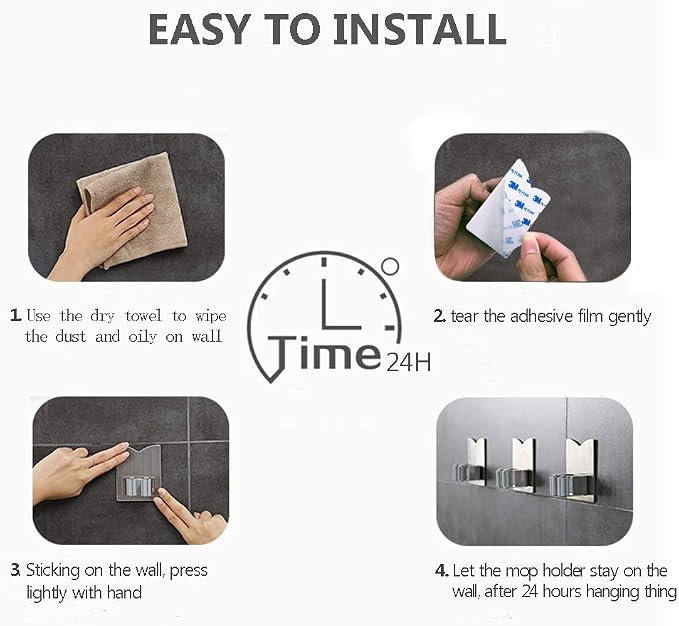 HANZE Stainless Steel Mop Broom Holder Organizer, Self Adhesive Wall Mounted Mop Organizer Storage Rack Clip for Kitchen Bathroom and Garage (Model 2 (2 Pakck))