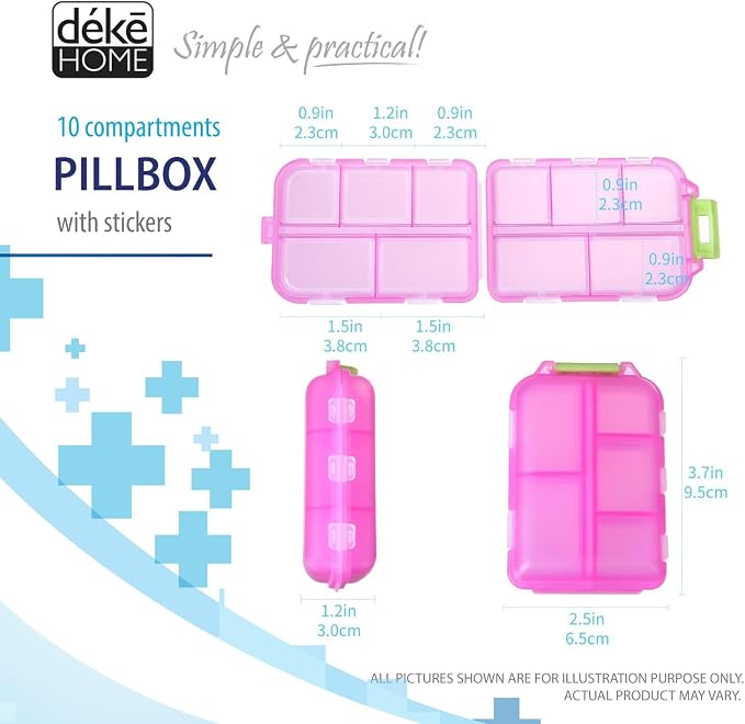 Deke Home - Portable Pill Organizer with 10 Large Compartments & 14 Medication Labels, Daily Pill Box for Vitamins, Supplements & Medicine, Portable Travel Case (Pink)