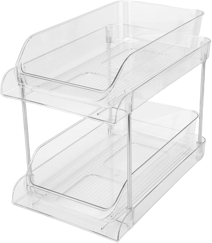 Under Sink Pull Out Organizer 2 Tier | Transparent Acrylic Shelves for Easy Viewing | Stackable Storage for Bathroom/Kitchen/Pantry | 2 Baskets, No Tools Needed
