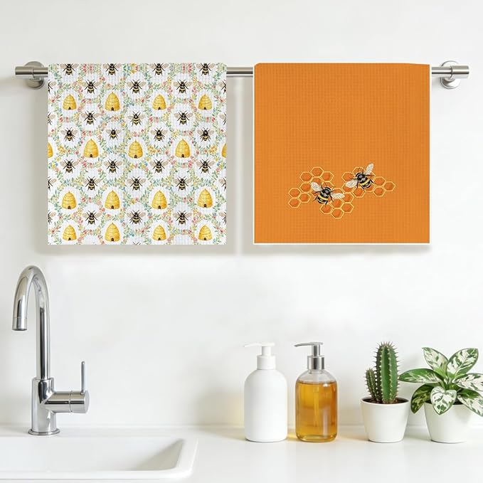 2PCS Bee Honeycomb Kitchen Towels 14x24 Inch, Absorbent Microfiber Decorative Dish Cloth Tea Towel, Bee Flower Waffle Hand Towels for Kitchen Home Bathroom, Bee Lover Gifts for Women