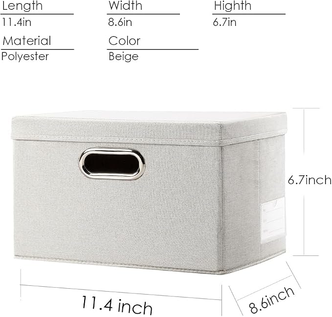 Storage Bins with Lids [3-Pack] Linen Fabric Foldable Storage Boxes Organizer Containers Baskets Cube with Cover for Bedroom Closet Office Beige（11.4X8.6X6.7