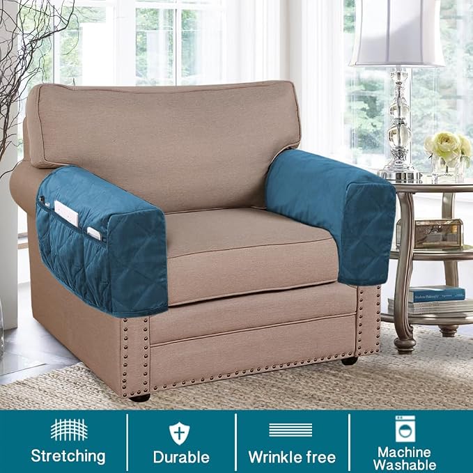 Velvet Quilted Armrest Covers - Water-Resistant Sofa Arm Protectors Set of 2 with Side Pocket Organizer, Non-Slip Furniture Covers for Chairs & Couches (Peacock Blue)