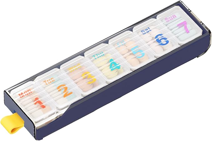 Weekly Pill Organizer, 7 Days Portable Travel Pill Medication Box | 7 Compartment Medicine Planner Dispenser, Every Day Dose, Easy to Open, Senior-Friendly, Storage for Vitamins, Fish Oil, Blue