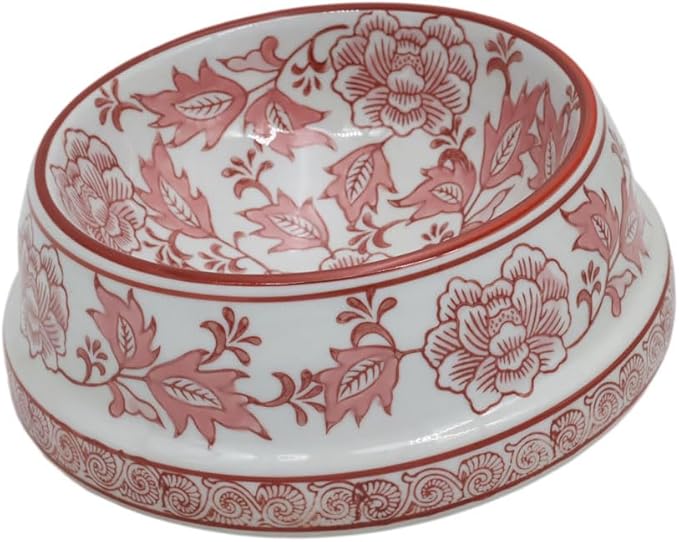 Aimusego Pink & White Ceramic Dog Bowl,Chinoiserie Floral Heavy Duty Non-Slip Dog Food Water Bowls, Ceramic Dish for Medium and Small Dogs and Cats, for Pet Owners,Puppy 9inch