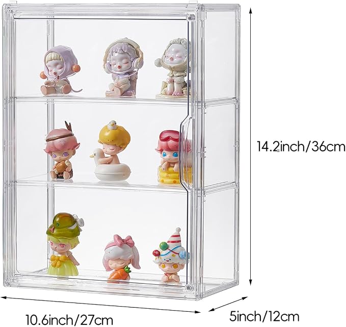 3 Tiers Clear Acrylic Display Case, Plastic Storage Bins with 2 Adjustable Divider and Magnetic Door,Stackable Display Box for Figures Showcase (2pack)