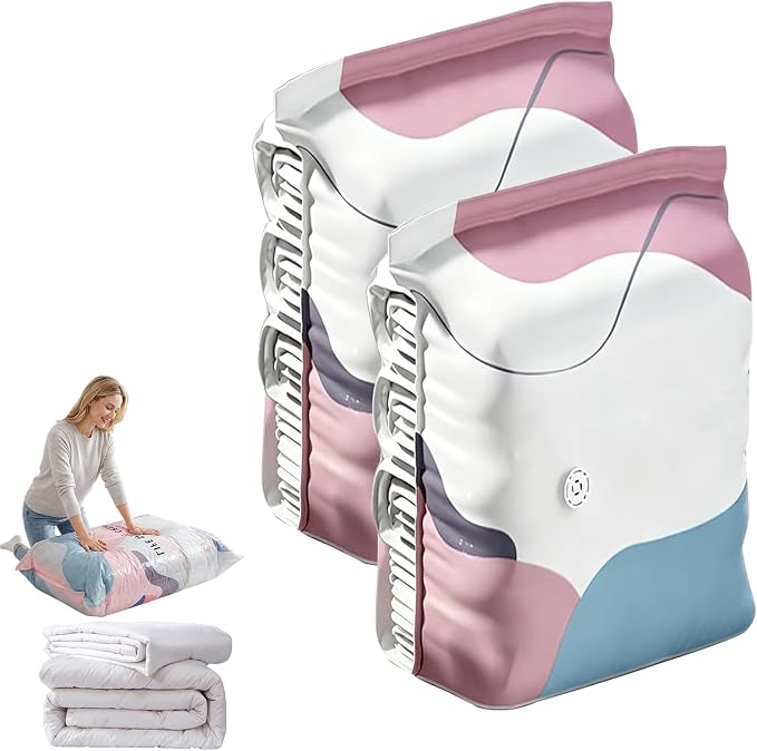 No-Pump Vacuum Storage, 2026 New Large Compression Bags for Blankets, Bedding, Comforters, Jumbo Clothes, Heavy-Duty Press & Seal, No Pump Needed (White, 2PCS, Large)