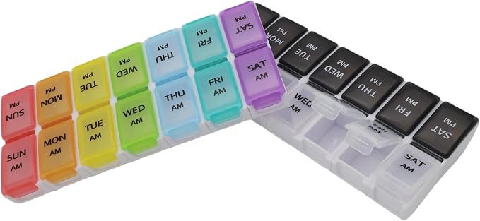 7 Day Weekly Pill AM PM Organizer, ShysTech Large Pill Case Pill Box for Pills/Vitamin/Supplements/Medication (Separable, Small Black/White) (Pack of 2)