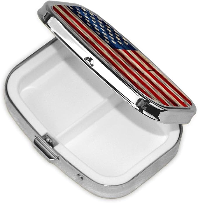 Small Pill case for Pockets & Purses Pill Box Makes 2 Compartment Travel Medicine Organizer (Vintage Wooden American Flag)
