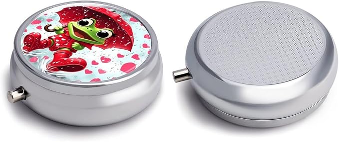 Frog Playing In The Rain Metal Round Pill Box, 3 Compartment Travel Organizer, Portable Pill Container with Secure Latch, 2 Inch Circular Vitamin Caddy for Pills And Vitamins, Gift for Him Her Elderly