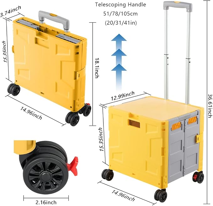 Foldable Shopping Utility Cart Portable Rolling Crate Handcart with 360°Rotate Wheel,Hidden Lid,Telescoping Handle Collapsible for Travel Shopping Moving Storage Office Use(Yellow/Gray)