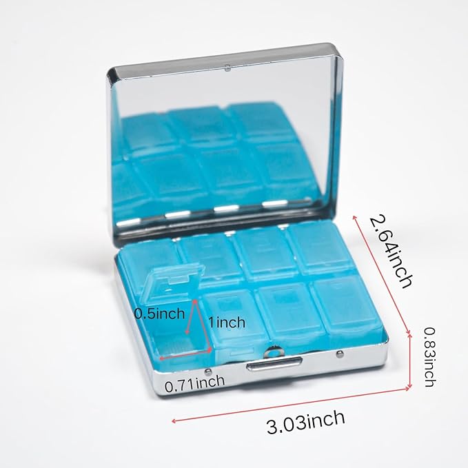 Weekly Pill Organizer with Mirror, 8 Compartments Chrome Pill Box, Portable Travel Medication Organizer for Vitamins and Supplements, Compact Pocket Pill Case for Daily Use (Dragonfly)