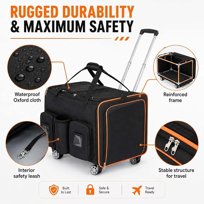 Large Cat Carrier on Wheels for 2 Cats, Double Rolling Pet Carrier with Wheels & Mesh Windows,Foldable Travel Crate for Dogs Cat for Airplane,Travel,Car,Camping