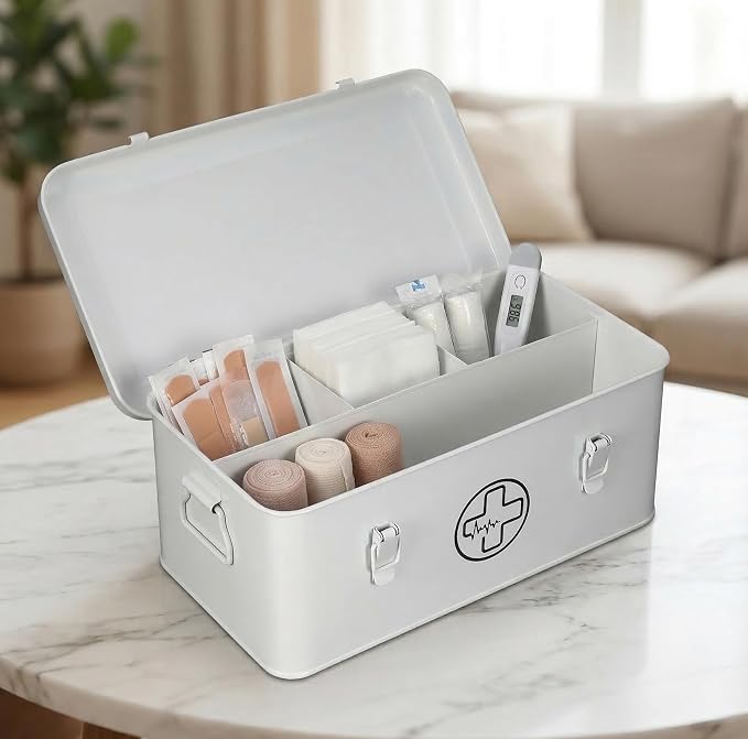 First Aid Box, First Aid Kit Supplies Bin, First Aid Organizer Medicine Storag Box, Metal Storage Box with Safety Lock for Home Emergency Tool Se - White