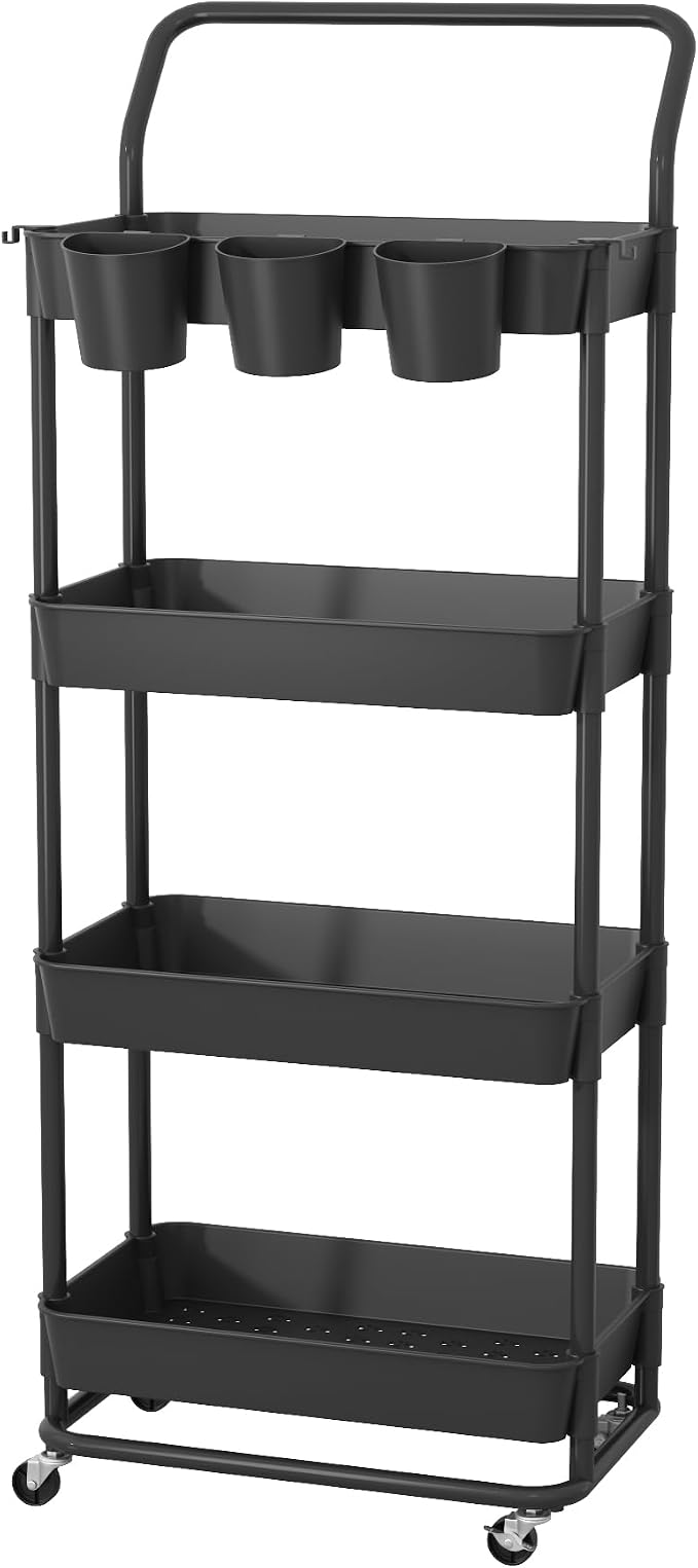 Buzowruil 4-Tier Rolling Utility Cart, Storage Cart with Handle Multi-Purpose and Locking Wheels,with Hanging Basket and Hook for Office, Kitchen, Bathroom,Black