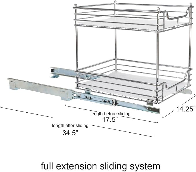Household Essentials Glidez Chrome-Plated Steel Pull-Out/Slide-Out Storage Organizer with Plastic Liners for Under Cabinet Use - 2-Tier Design - Fits Standard Size Cabinet or Shelf, Chrome