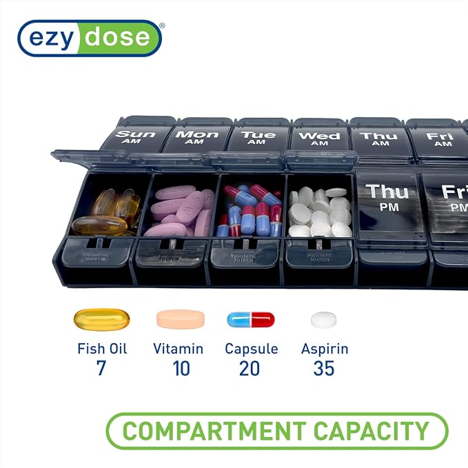 Ezy Dose Weekly (7-Day) AM/PM Pill Organizer, X-Large Medicine Case, Black | Daily Vitamin Box & Supplement Planner, 2 Times a Day Push Button Compartments, Arthritis-Friendly, Travel-Friendly, BPA-Free