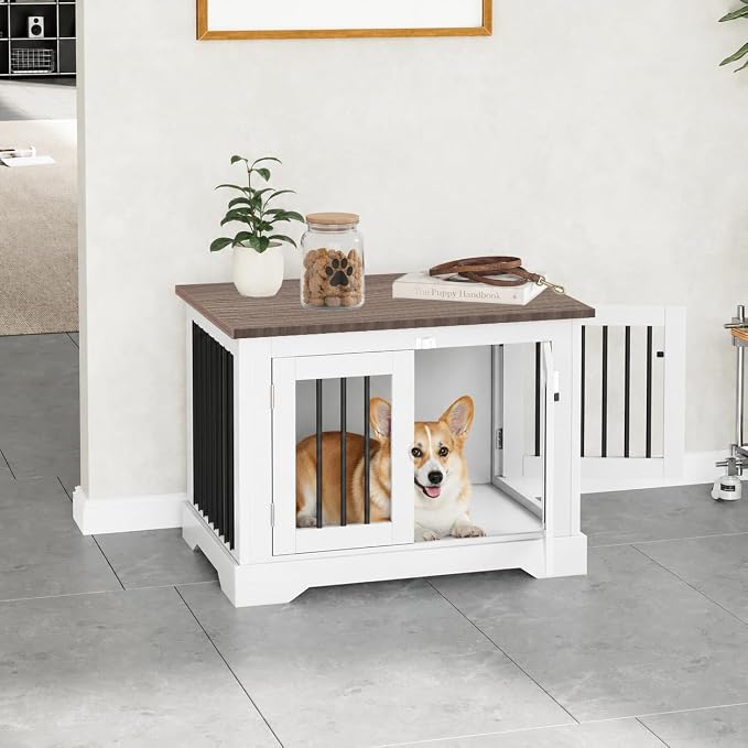 30" Wooden Dog Crate Furniture,Small Kennel Pet Cage End Table for Indoor | for Medium S XS Dogs, White and Wood, Fits Living Room Bedroom, Heavy Duty Steel Frame with Lock 25 lbs Cap, 100 lbs Top.