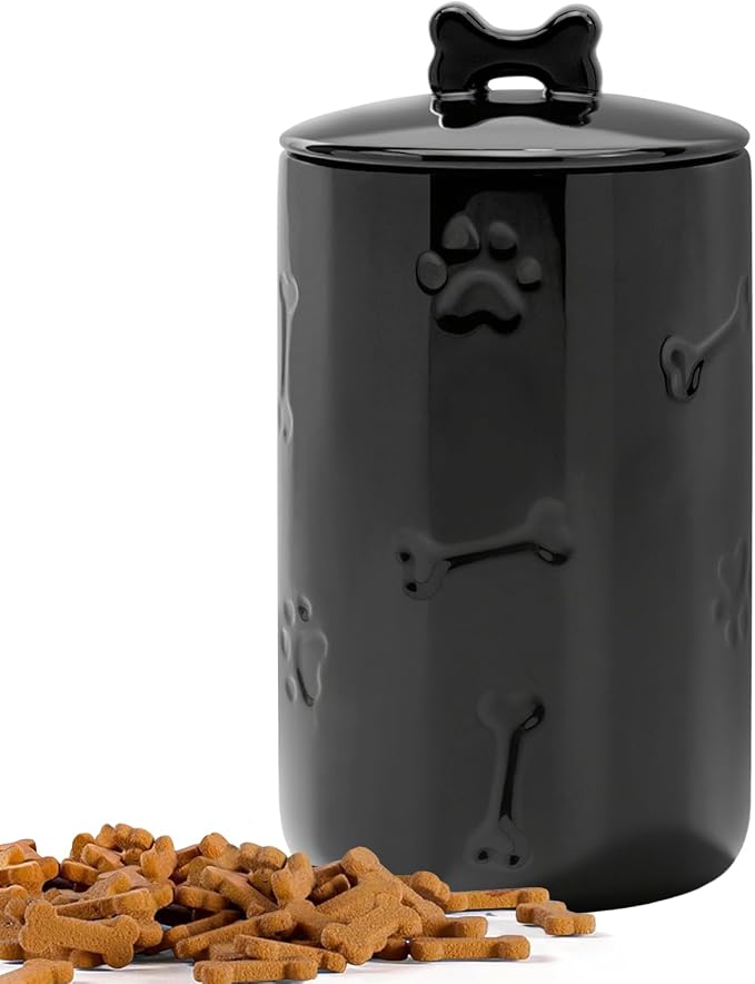 Dog Treat Container Airtight - 9"x5" Ceramic Big Treats Jar with Lid(Black) | Large Capacity Doggie Cookie Jar for Countertop, Airtight Lid Keep Food Fresh, Sturdy Durable, Cute Prints and Bone Handle