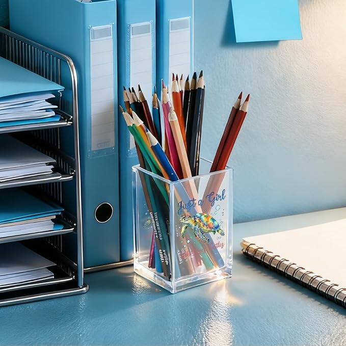 Just A Girl Who Loves Turtles Acrylic Pencil Holder Cup for Women | Inspirational Gifts for Friends Coworker, Sea Turtle Pen Holder for Girls Turtle Lover, Pencil Cup for Desk, Makeup Organizer