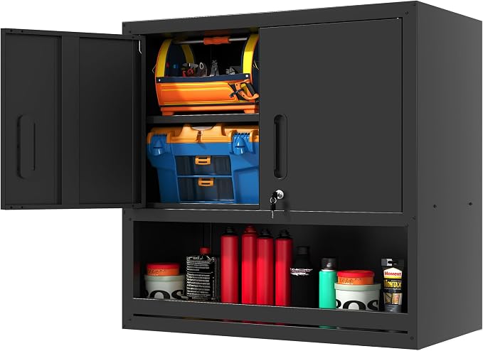Garage Wall Cabinet with 2 Locking Doors and Shelf Metal Storage Cabinet | Wall Mounted Heavy Duty Steel Tool Cabinet Hanging Cabinet for Garage Warehouse Bathroom Kitchen,Assembly Required