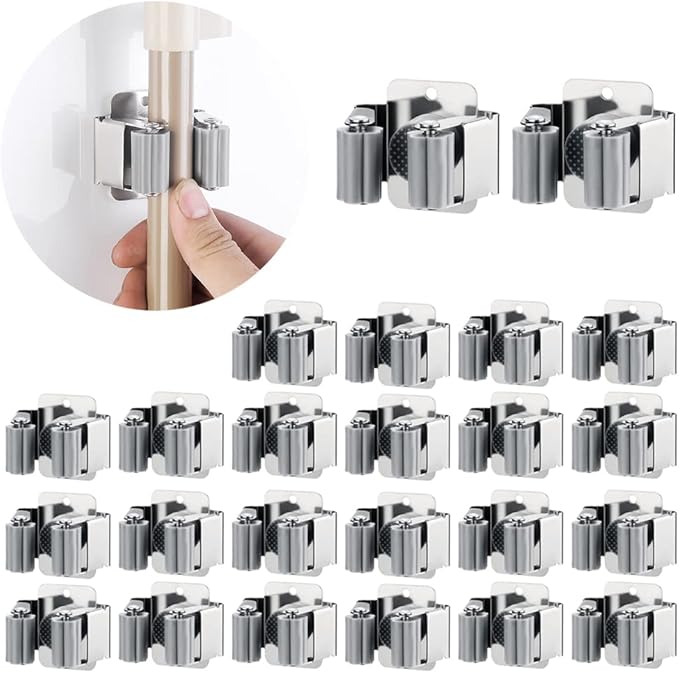 JAMEND CLXP 24 PCS Broom and Mop Holder, Heavy Duty Garden Tool Organizer Rack Rake and Shovel Handle, Stainless Steel Mop Hanger. Wall Mounted Utility Rack with Screws, Silver.