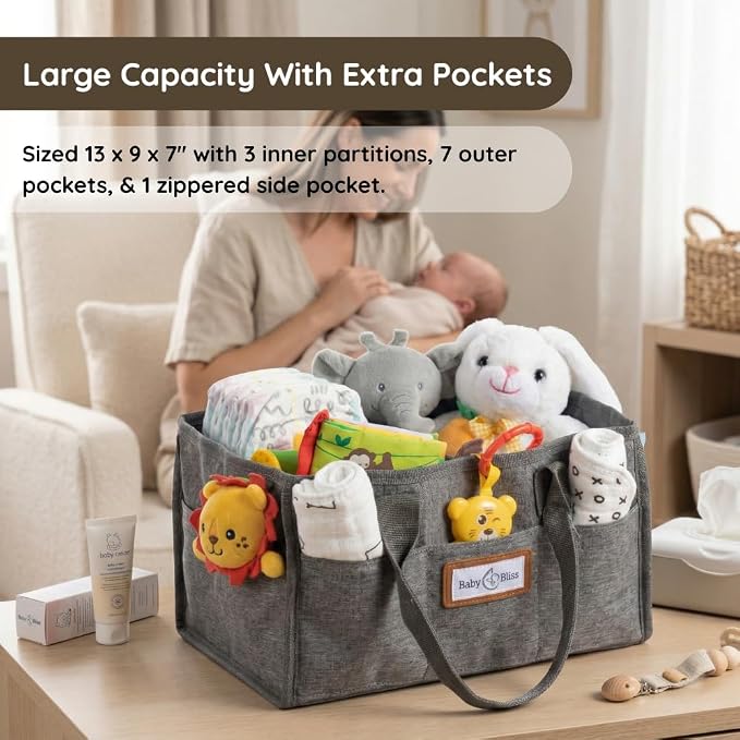BabyBliss Polyester Diaper Caddy Organizer - Portable Wipe-Clean Nursery Storage Basket with Pockets and Dividers for Diapers, Wipes and Baby Essentials - For Nursery, Living Room and Car