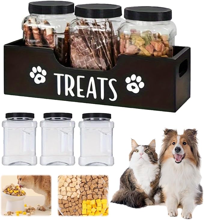 Dog Treat Container for Countertop, Pet Snack Storage Box Includes 3 Treat Jar & Wooden Pet Treat Container Pet Food Organizer For Puppy Airtight Dog Treat Storage With Lids