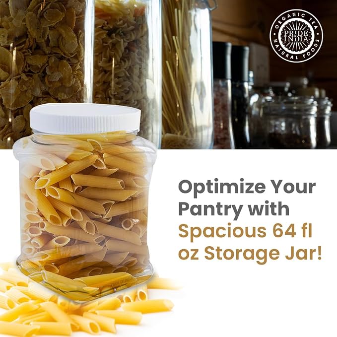 Pride Of India Clear Food Grade PET Plastic Square Grip Storage Jar w/Cap - 64 Fluid Ounces - 6-Jar Pack (7-8 Cup Storage Capacity)