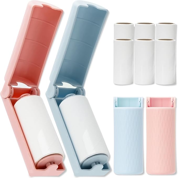12 Pack Mini Lint Roller, Portable Lint Remover with 4 Handles & 8 Refills, Reusable Compact Portable Pet Hair Remover for Clothes, Travel, Small Foldable Lint Roller