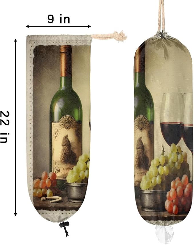 Vintage Wine Grapes Plastic Bag Holder Red Wine Grocery Bag Storage Dispenser Washable Hanging Shopping Bags Carrier Reusable Wall Mount Trash Bag Organizer for Kitchen Pantry