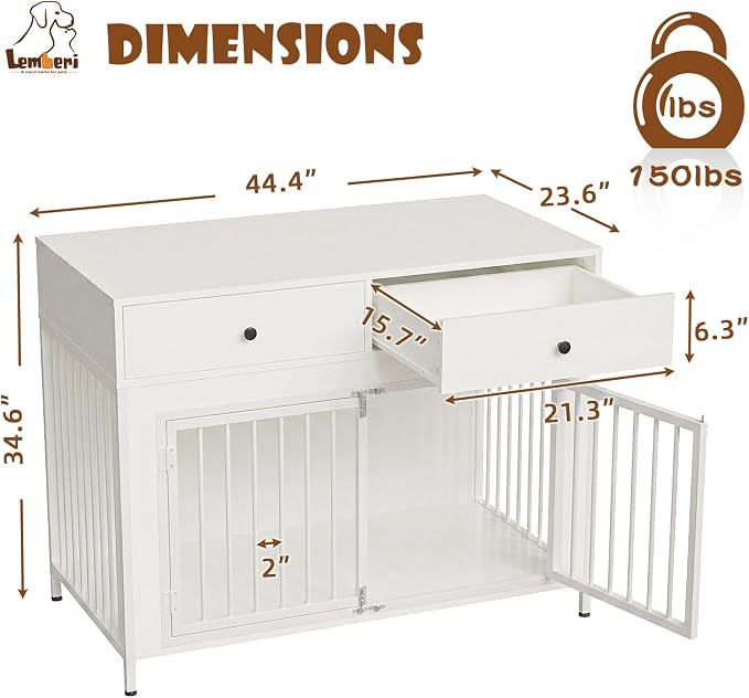 LEMBERI 44 Inch Large Dog Crate Furniture with 2 Storage Drawers, Wooden Dog Kennel Furniture as End Table, Decorative Pet Cage Dog House Indoor for Dogs, White