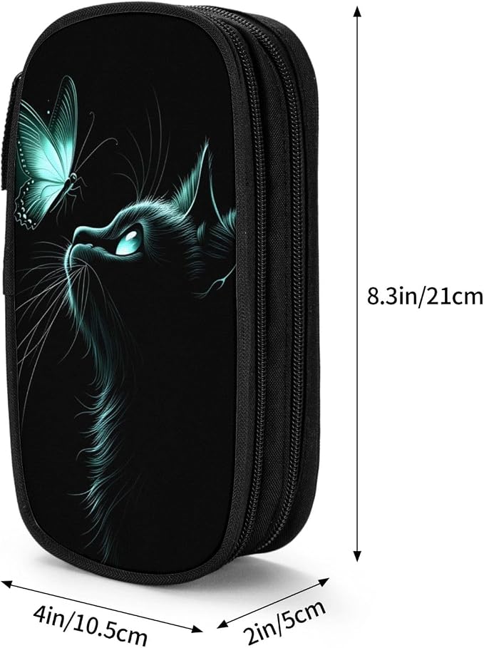 Blue Eyed Black Cat Butterfly Pencil Pouch, Oxford Cloth Pen Case With Double Zipper Compartments, Portable Stationery Organizer For Office Supplies, Travel Accessories Makeup Items
