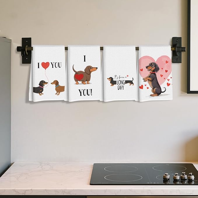 4 Pcs Dachshund Kitchen Towels 24x14 Inch, Dachshund Gifts Reusable Dish Towels for Kitchen Bathroom Decor, Waffle Weave I Love You Hand Cloth Tea Towel, Cute Dog Valentine's Gifts for Girlfriend Wife